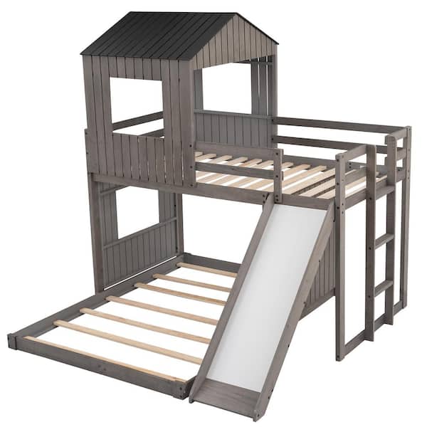 Playhouse Style Antique Gray Wooden Twin Over Full Bunk Bed with Ladder,Slide and Guardrails(78.7 in. W x 82.3 in. H)