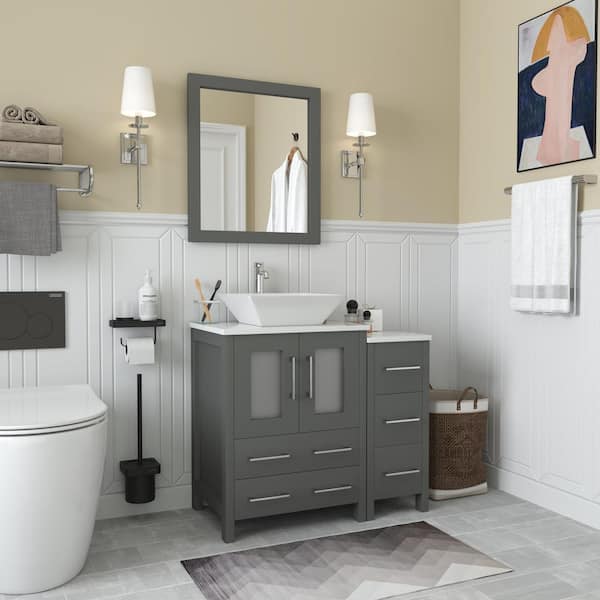 Ravenna 36 in. W Bathroom Vanity in Grey with Single Basin in White Engineered Marble Top and Mirror