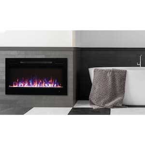 36 in. LED Wall-Mounted or Recessed Electric Fireplace with Crystal Flame Effect in Black