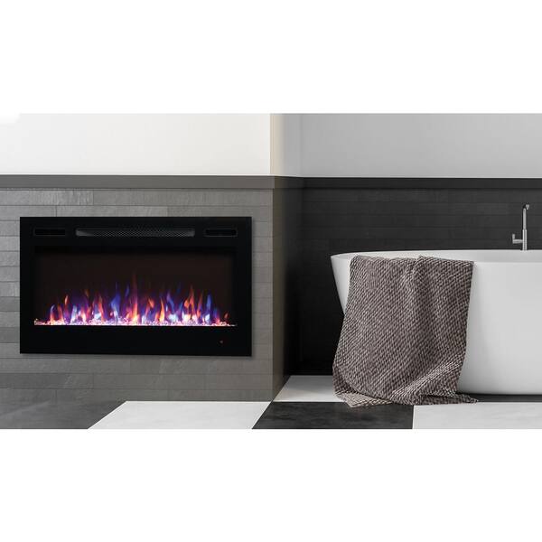 EdenBranch 36 in. LED Wall-Mounted or Recessed Electric Fireplace with Crystal Flame Effect in Black