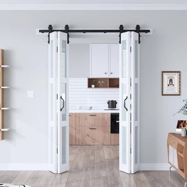 56 in. x 84 in. 3-Lite Tempered Frosted Glass Solid Core White Finished MDF Wood Bi-Fold Door with Hardware Kit