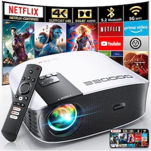 Smart 4K 1920 x 1080 Projector with 5G WIFI, Bluetooth Audio & 400" Zoom in Black & White