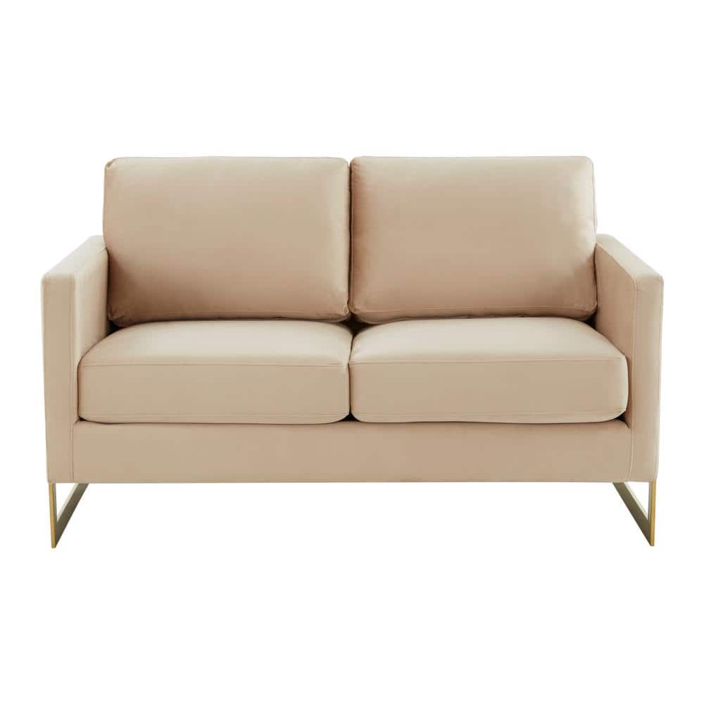 Elegant Beige Velvet Loveseat with Golden Solid Wood Frame