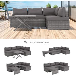 Grey 4-Piece Wicker Patio Furniture Sets Outdoor Sectional Sofa Set Sectional with Grey Cushions and Table