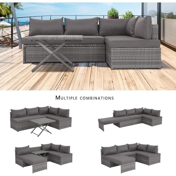 GOOEEN Grey 4-Piece Wicker Patio Furniture Sets Outdoor Sectional Sofa Set Sectional with Grey Cushions and Table