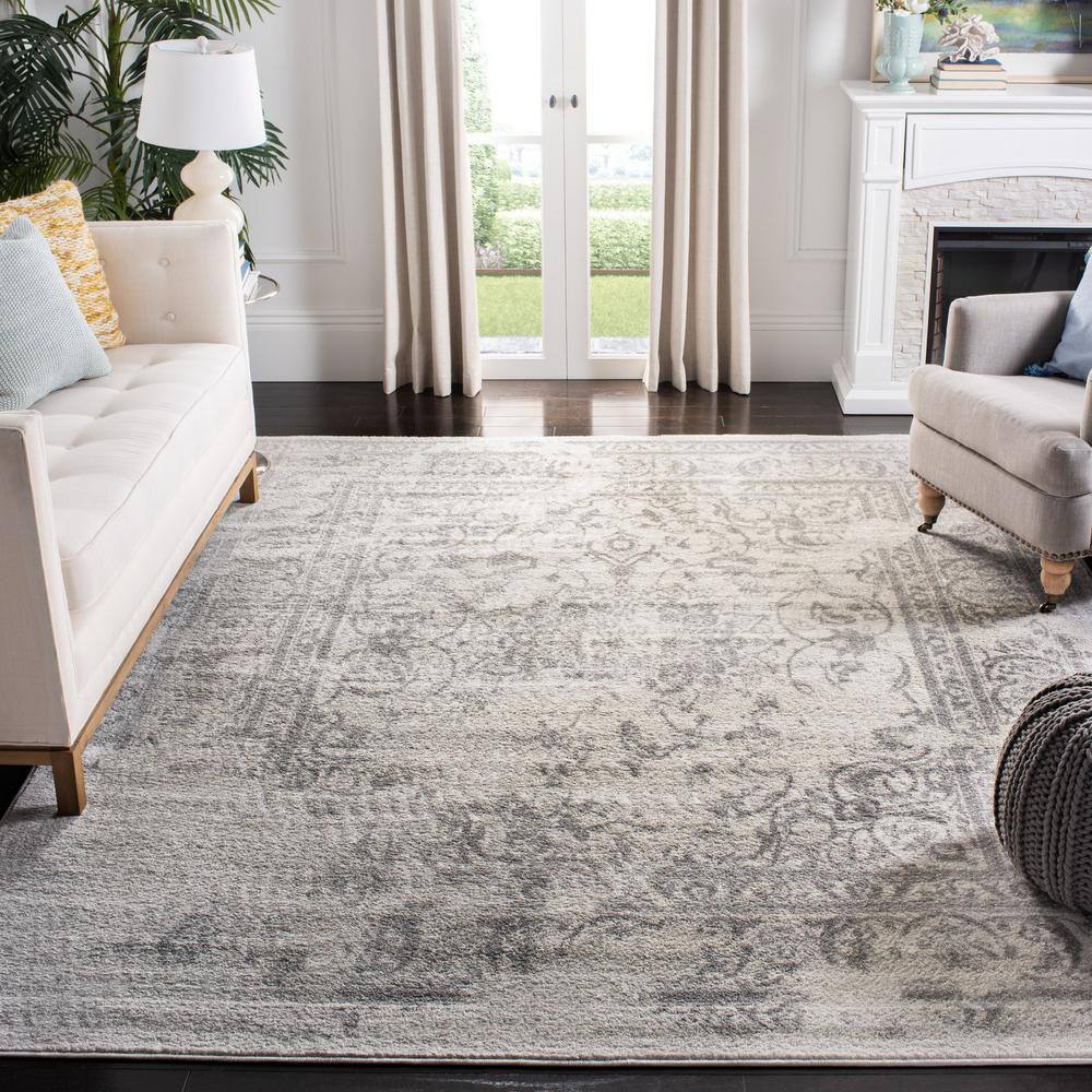 Ivory and Silver Rectangular Synthetic Runner Rug, 12' x 18'