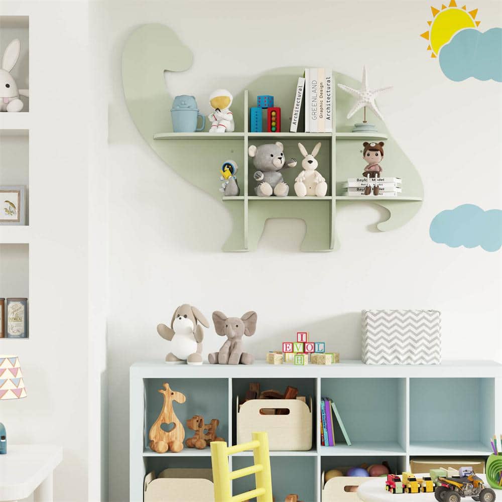 Costway 41.5 in. Wide Green 2-Tier Floating Dinosaur Kids Bookshelf ...