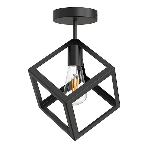 9 in. 1-Light Industrial Black Semi-Flush Ceiling Light with Metal Cage Shade for Porch and Hallway