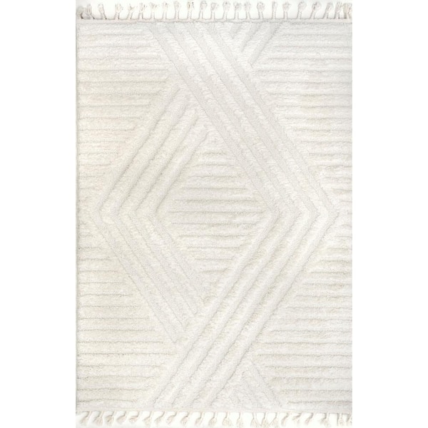 Risette Geometric Shag Tassel Beige 7 ft. 10 in. x 10 ft. Area Rug