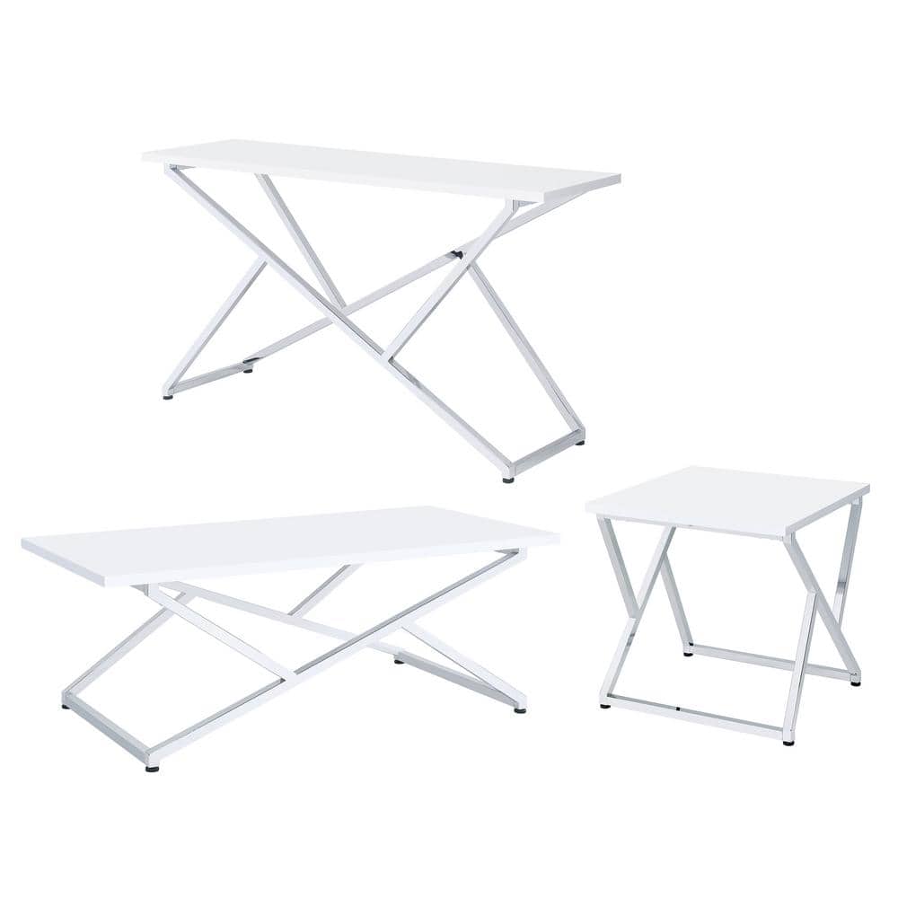 Furniture of America Doherty 47.25 in. High Gloss White and Chrome Plated Rectangle Wood Top 3-Piece Coffee Table Set -  IDF-4552-3PC