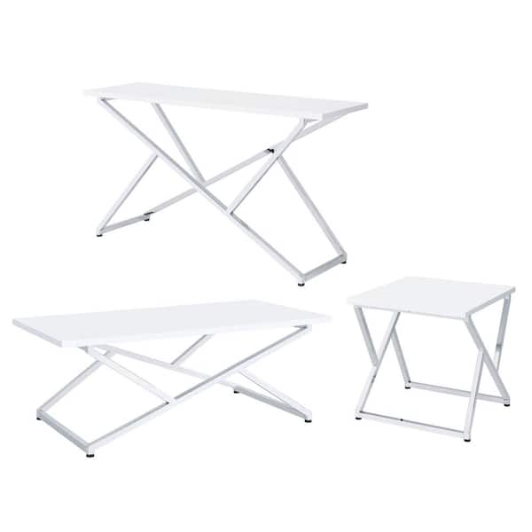 Furniture of America Doherty 47.25 in. High Gloss White and Chrome Plated Rectangle Wood Top 3-Piece Coffee Table Set