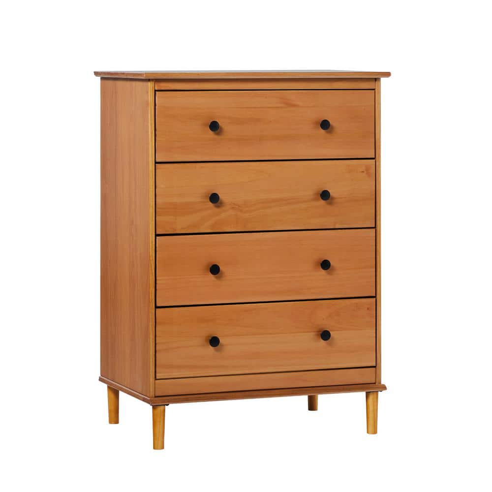 Caramel Mid-Century Modern 4-Drawer Solid Wood Dresser