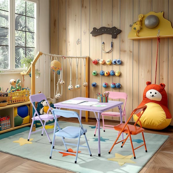 Homy Casa Page Color Amethyst Purple 5-Piece Folding Plastic Kids Square Table Top and 4-Chairs Set, Multicolor and Desk Set