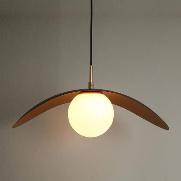 Bromeia 1-Light Black and Gold Island Pendant Light with Globe Milky Opal Glass Shade Foyer Transitional Hanging Light