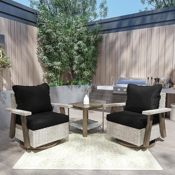 3-Piece Patio Wicker Conversation Set with Black Cushions and Side Table-Swivel, Rock, and Relax in Style