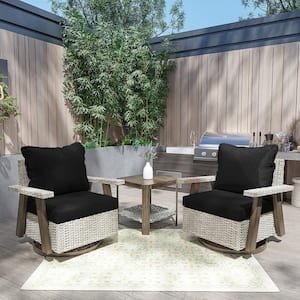 3-Piece Patio Wicker Conversation Set with Black Cushions and Side Table-Swivel, Rock, and Relax in Style