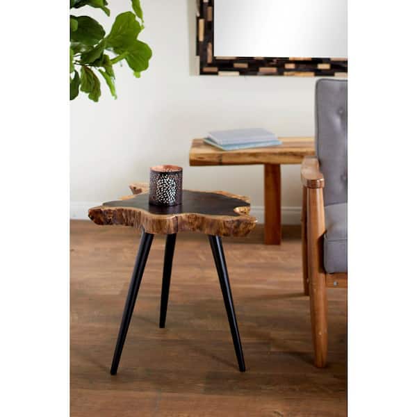 Litton Lane 21 in. Brown Handmade Live Edge Top Medium Round Wood End Accent Table with Black Metal Tripod Legs