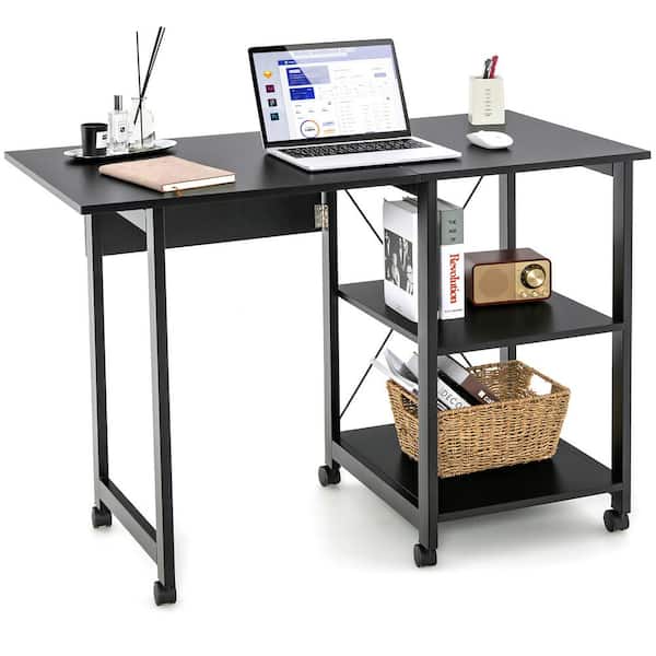 Costway 42 in. Black Wood Rolling Computer Desk Folding Writing Office Desk Storage Shelves