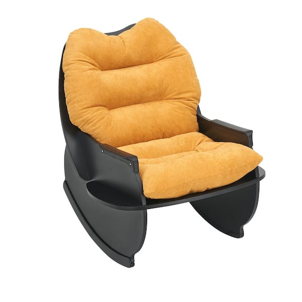 Tenleaf Black Wood Outdoor Rocking Chair with Yellow Cushion