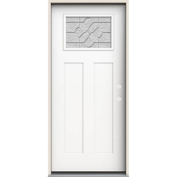 36 in. x 80 in. Left-Hand 1/4 Lite Craftsman Brevard Decorative Glass Modern White Fiberglass Prehung Front Door