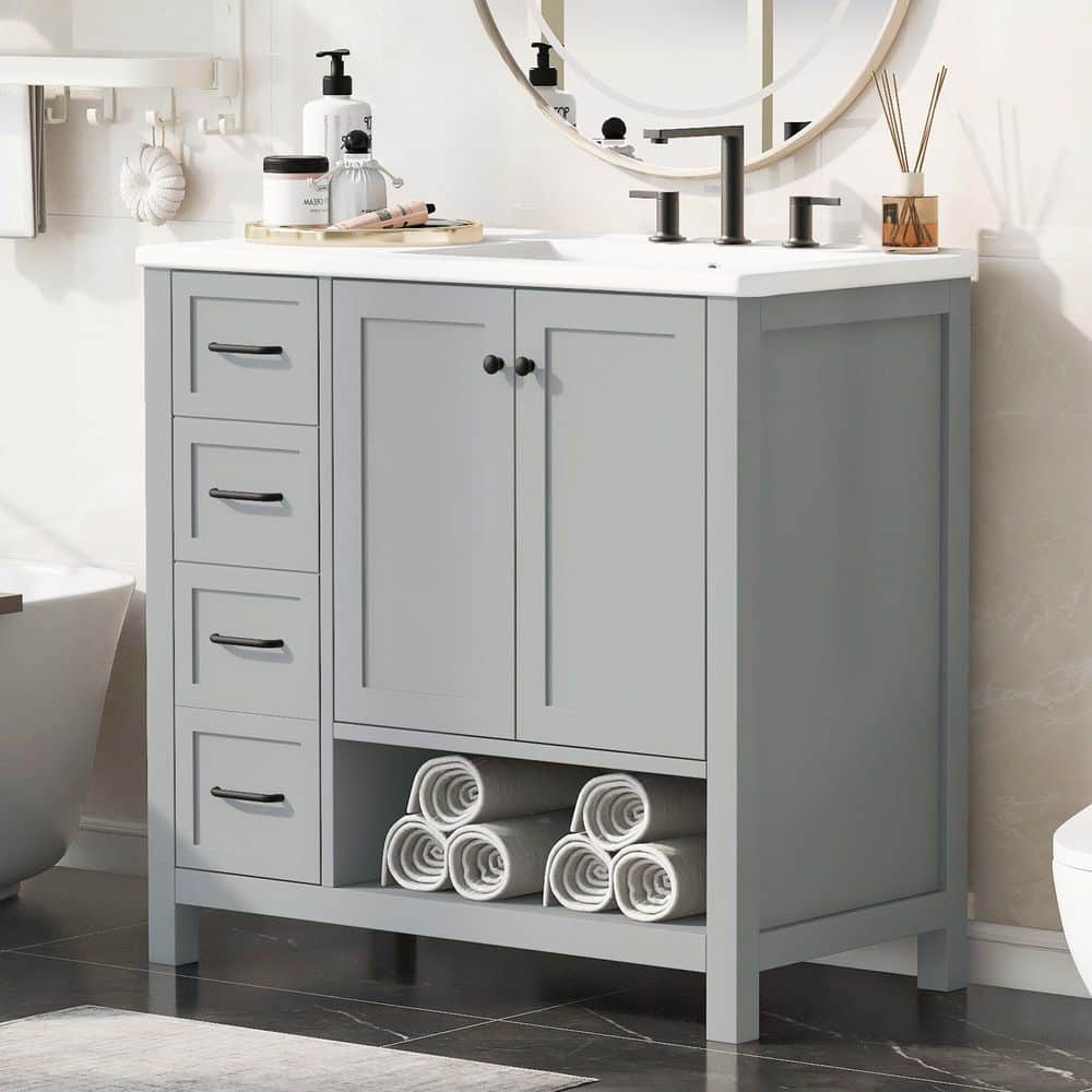 36 in. Solid Wood Frame Single Sink Grey Bath Vanity with White Ceramic Top, 2-Doors, 2-Drawers price history on PriceWatchPro