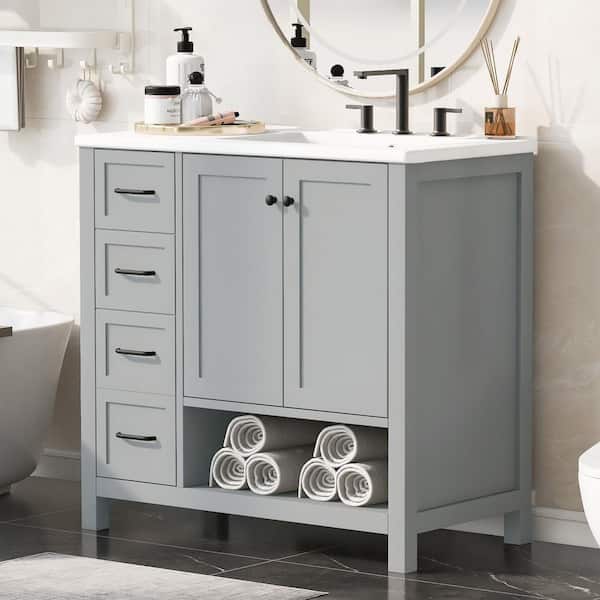 36 in. Solid Wood Frame Single Sink Grey Bath Vanity with White Ceramic Top, 2-Doors, 2-Drawers