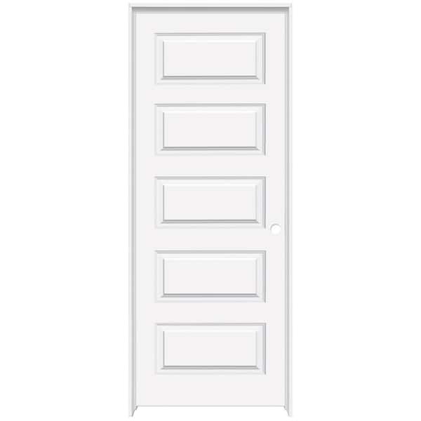 36 in. x 80 in. 5 Panel Molded LH Solid Core White Primed Wood Composite Single Prehung Interior Door w/Nickel Hinges.