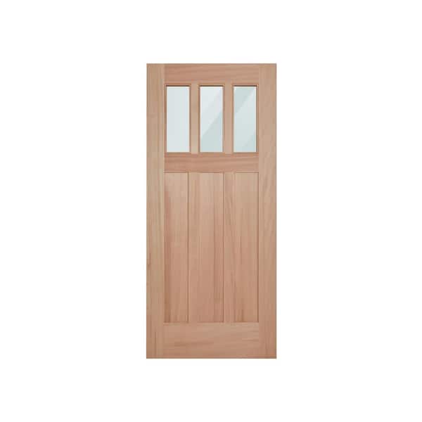 Rancho 42 in. x 96 in. Craftsman Universal Handing 3-Lite Clear Glass Mahogany Unfinished Wood Front Door Slab