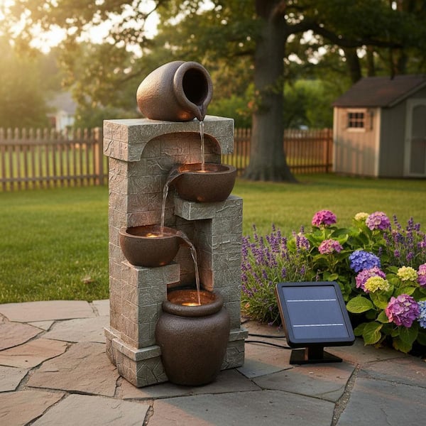 28.5 in. Gray Solar Powered Stone-Look Tiered Wall Fountain with Bowls and Pots