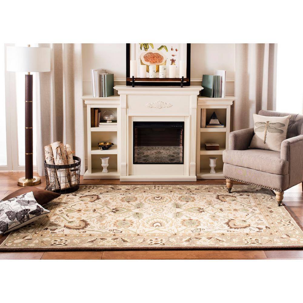 Ivory and Brown 8' x 10' Handmade Wool Floral Rug