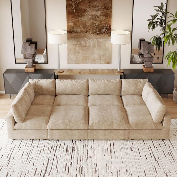 Lawson 134 in. Square Arm Chenille U-Shaped Modular Sofa, Minimalist Cloud Couch with Removable Covers in. Khaki