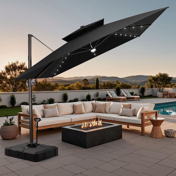Pellebant 2-Tier 11 ft. Square Outdoor Solar LED Lighted Tilt Offset  Cantilever Patio Umbrella in Black with 350 lbs. HDPE Base UB039PU87LBLK