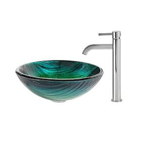 Nei Glass Vessel Sink in Green with Ramus Faucet in Chrome