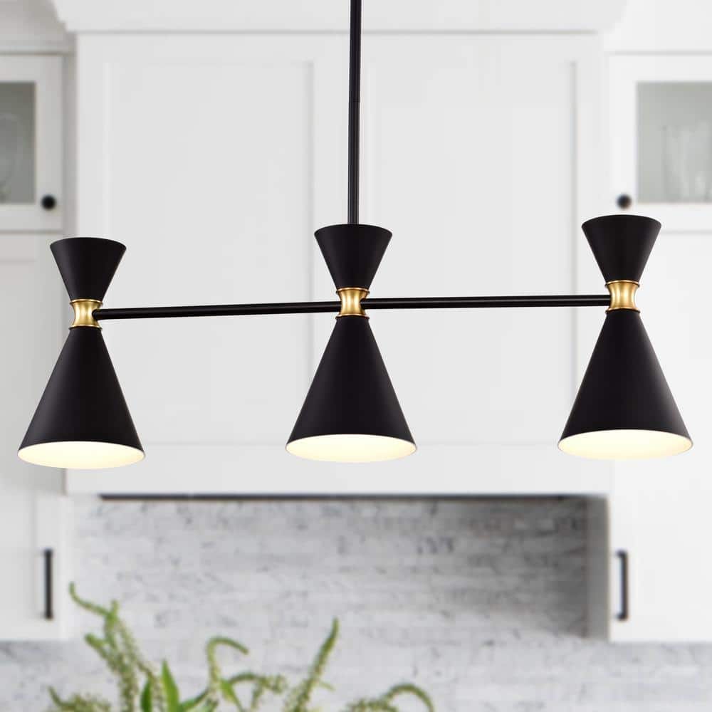 Modern Hourglass 3-Light Island Pendant in Black with Brass Accents