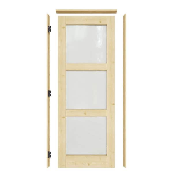 ARK DESIGN 32 in. x 80 in. 3-Lite Frosted Glass Right Solid Core Pine Wood Single Interior Door with Quick Assemble Jamb