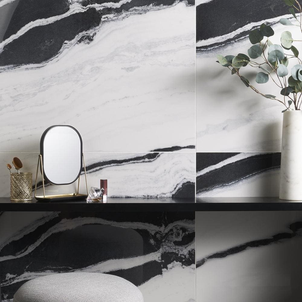 Magnus 24" x 48" Polished Black and White Porcelain Tile