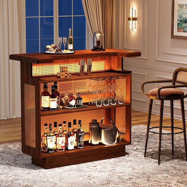 Kearsten 43.3 in. Rattan Home Bar Unit, Farmhouse 4-Tier Bar Table with Wine Racks and Glass Holder, Caramel Brown