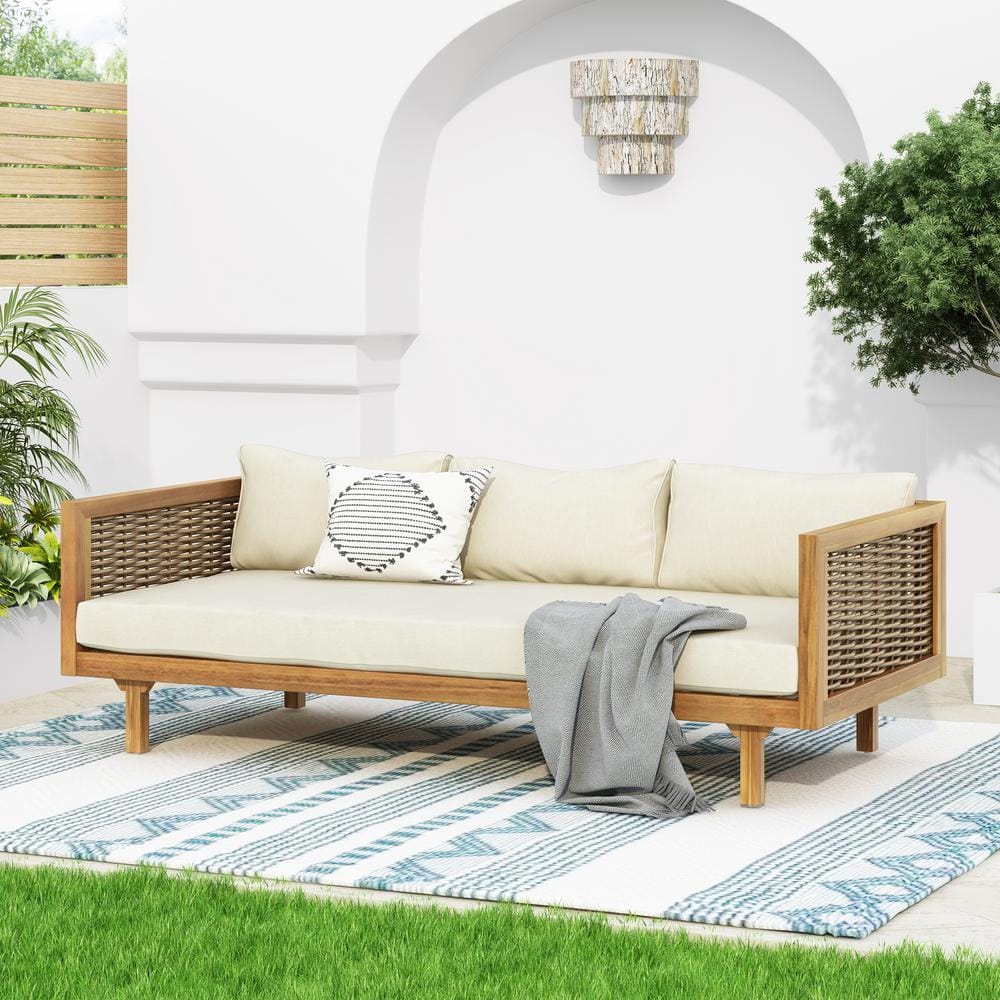 3-Seater Acacia Wood Outdoor Day Bed with Rattan Arms-Water-Resistant Beige