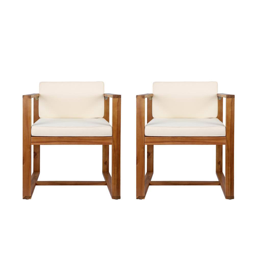 Acacia Wood Outdoor Patio Dining Chairs (Set of 2) with Beige Cushion