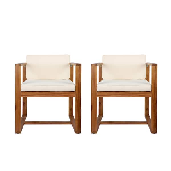 Unbranded Acacia Wood Outdoor Patio Dining Chairs (Set of 2) with Beige Cushion