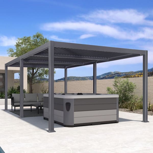 11.7 ft. x 21.2 ft. Gray Aluminum Outdoor Louvered Pergola with 3 Individual Adjustable Roofs and In-Built Gutter System