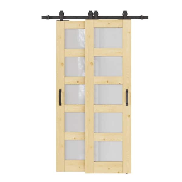 ARK DESIGN 40 in. x 80 in. (Double 24 in.) 5-Lite Frosted Glass Unfinished Pine Wood Sliding Barn Door with Hardware Kit Bypass