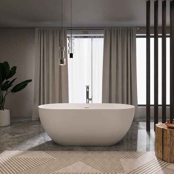 JimsMaison 59 in. x 29.5 in. Stone Resin Freestanding Flatbottom Soaking Bathtub with Center Drain in Matte White