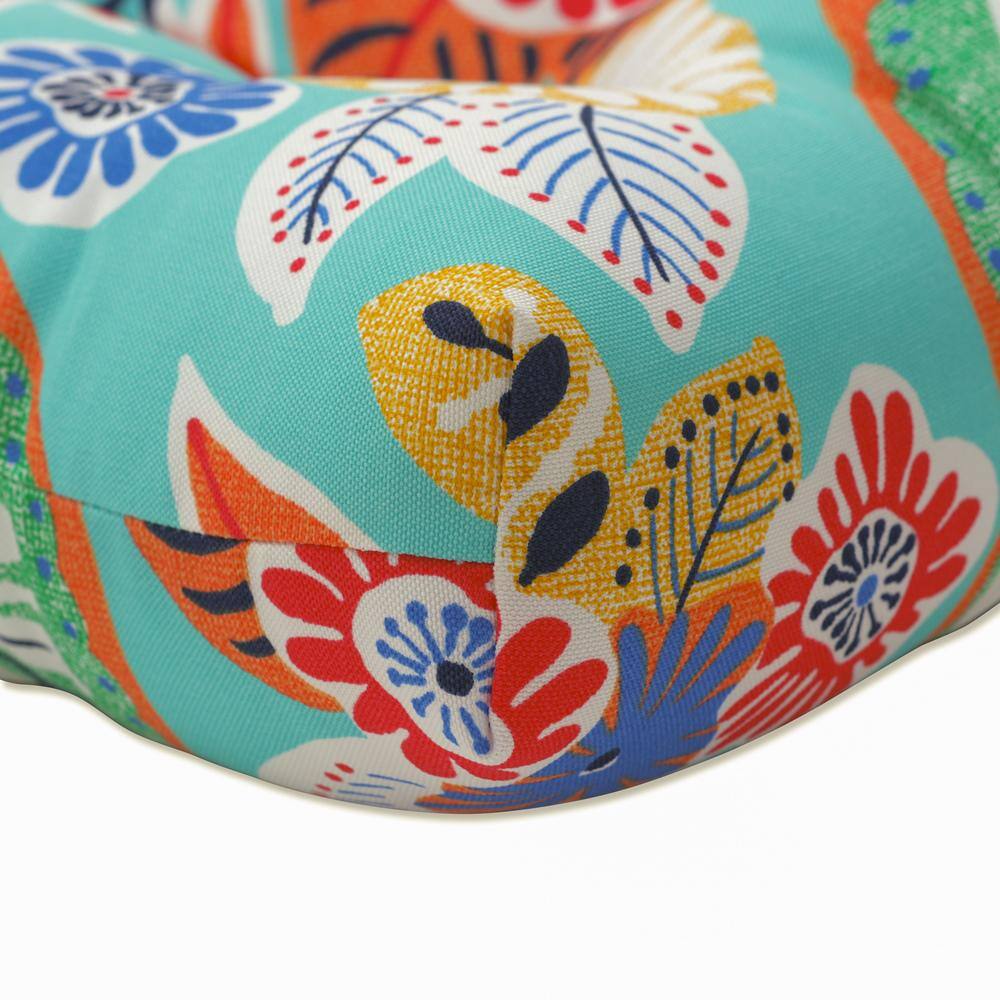 Aqua Blue Floral Tufted Loveseat Cushion with Polyester Fill