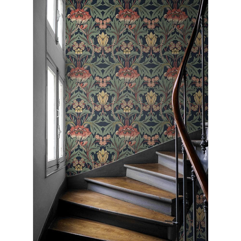 Denim Blue and Auburn Floral Peel and Stick Wallpaper