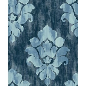 Corsica Damask Metallic Baby Blue and Navy Paper Strippable Roll (Covers 56.05 sq. ft.)