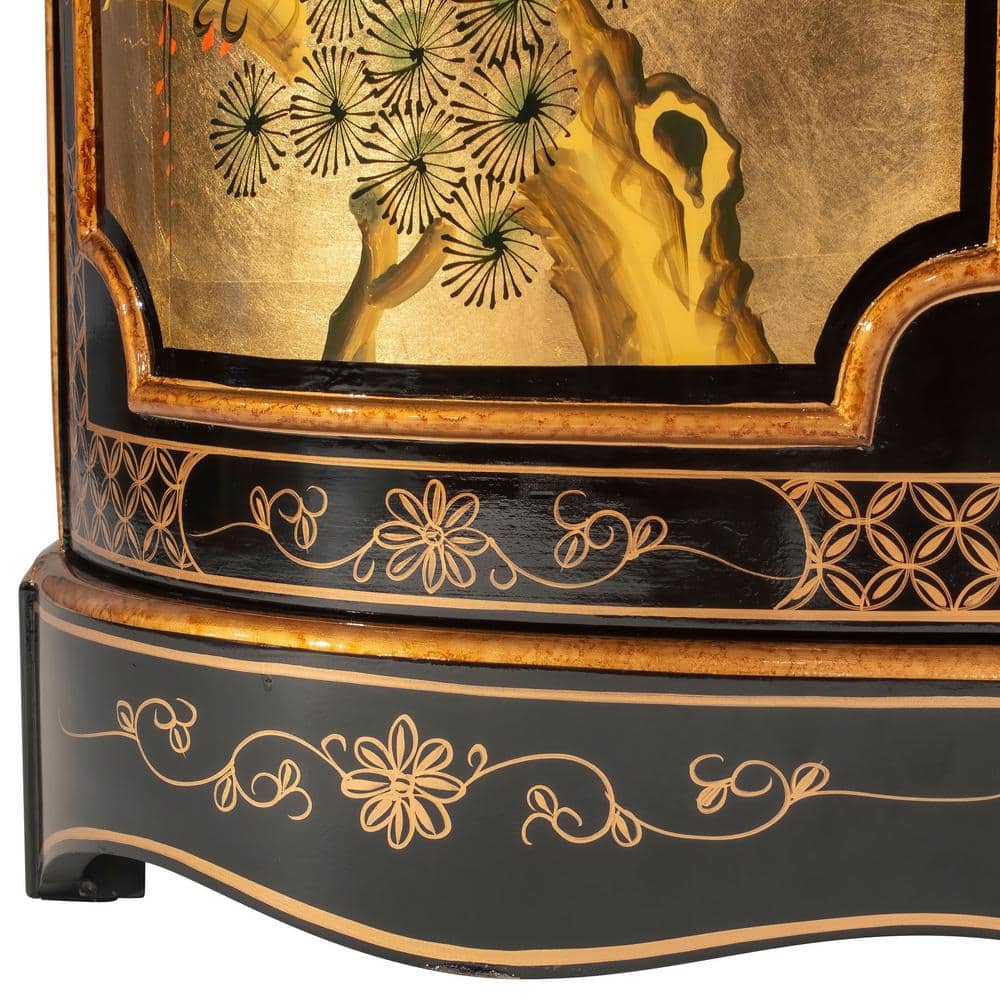 Gold Lacquer Hand-Painted Cranes Solid Wood Accent Cabinet