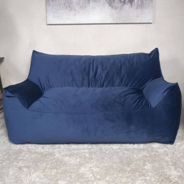 Blue Microsuede-Velvet Oversized 2-Seater Bean Bag Sofa with Removable Cover and Armrests