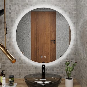LENTO 32 in. W x 32 in. H Round LED Dimmable Lighted Frameless Wall Mount Anti-Fog Bathroom Vanity Mirror