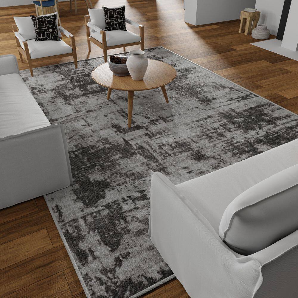Gray Abstract 9' x 12' Stain-Resistant Synthetic Area Rug